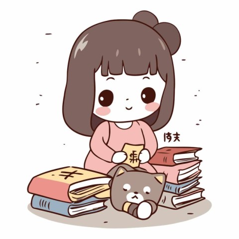 A cute little girl reading a book with a cat and a stack of book