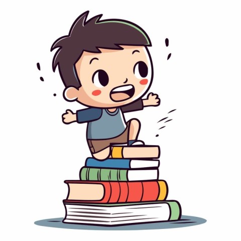 Boy with pile of books. Cute cartoon character vector illustrati