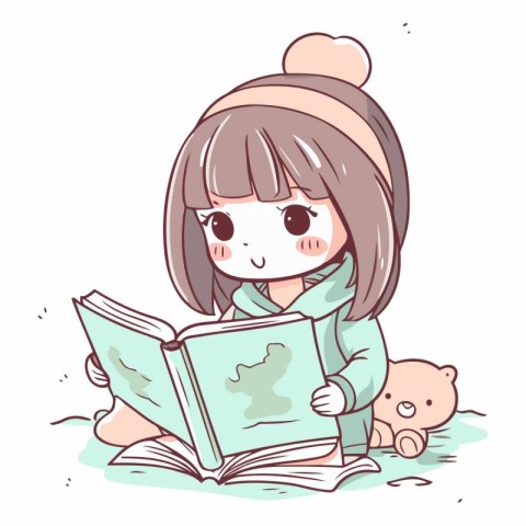 Illustration of a cute little girl reading a book with a bear