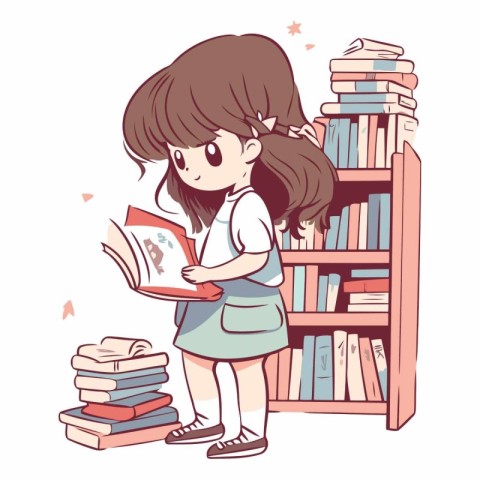 Girl reading a book in the library of a cute schoolgirl.