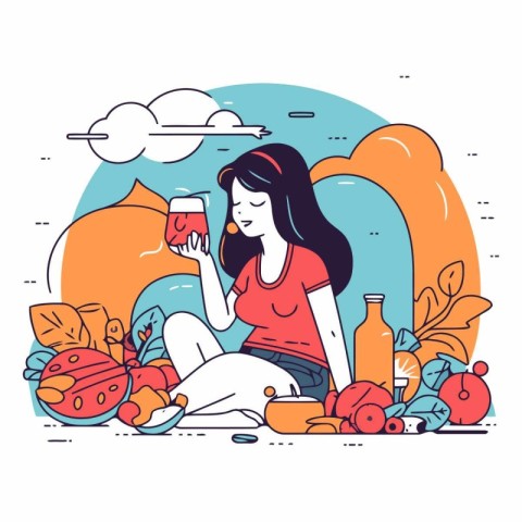 Vector illustration of a girl with a glass of juice sitting on t