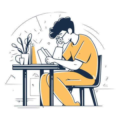 Vector illustration of a young man reading a book in a cafe.