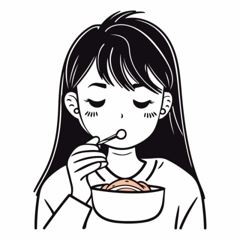 Illustration of a girl eating a bowl of noodle with chopsticks