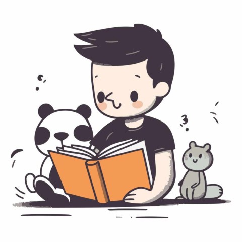 Illustration of a boy reading a book with panda and cat