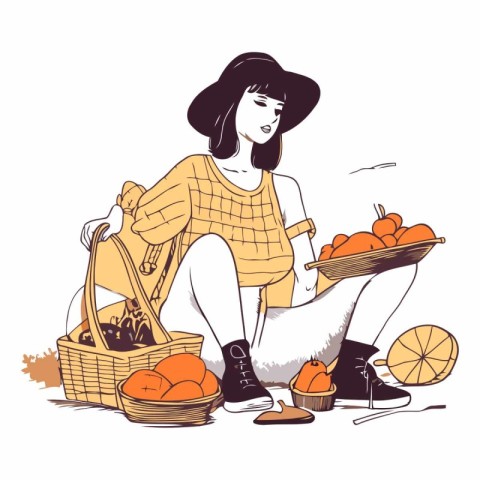 Fashionable young woman with a basket of oranges.