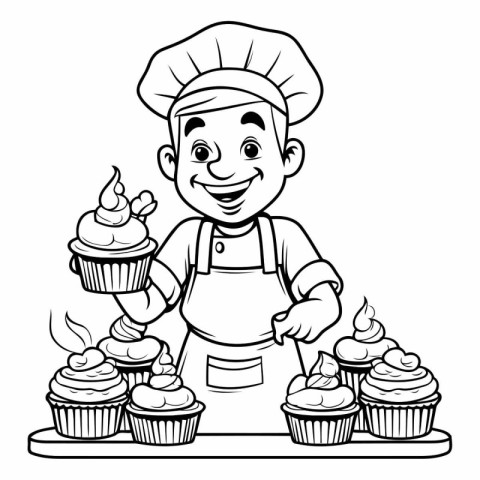 Black and White Cartoon Illustration of Little Boy Chef with Cup