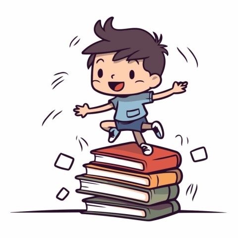 boy jumping on pile of books. education concept.