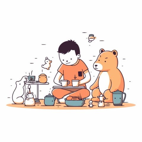 Cute little boy drinking tea and playing with bear.