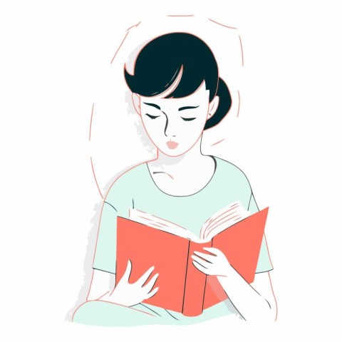 Illustration of a young woman reading a book on a white backgrou