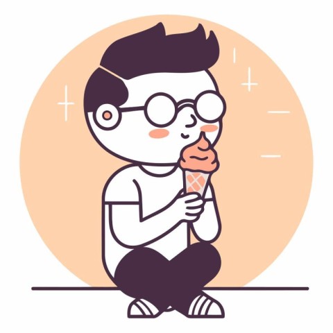 Cute boy eating ice cream in cartoon style.