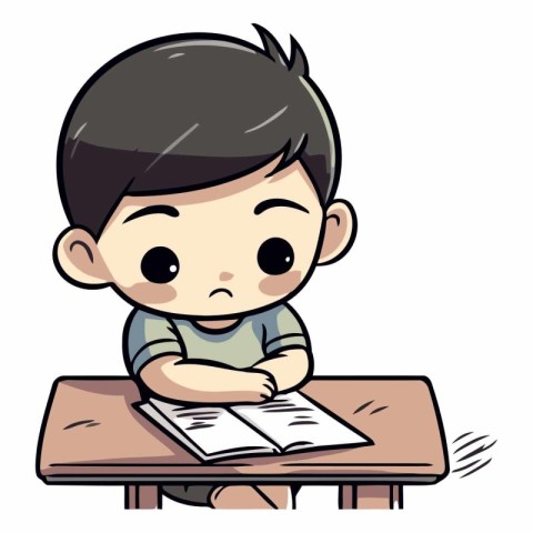 Illustration of a Little Boy Sitting at His Desk and Reading a B