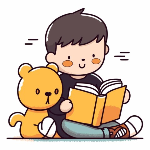 Boy reading a book with teddy bear in cartoon style.