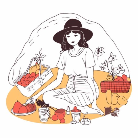 Vector illustration of a girl with a basket of fruits and vegeta