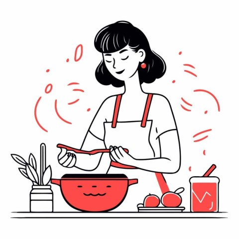 Woman cooking soup in the kitchen in line art style.