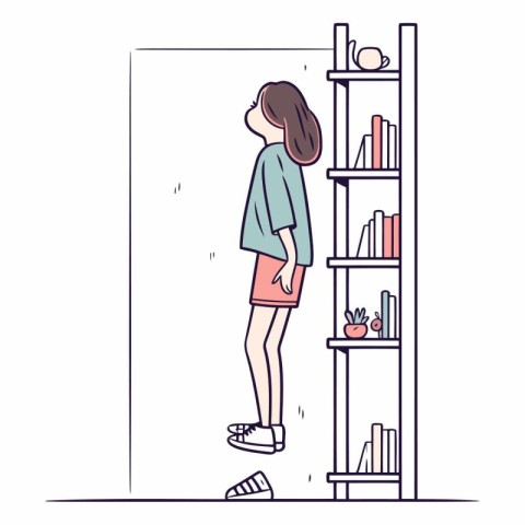 Vector illustration of a girl standing near the bookshelf in the