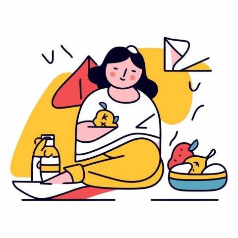 Vector illustration of a fat woman with a bowl of fruit and a bo