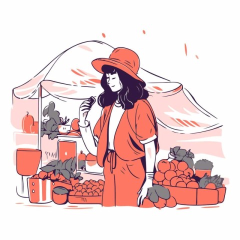 Vector illustration of a woman selling fruits and vegetables at