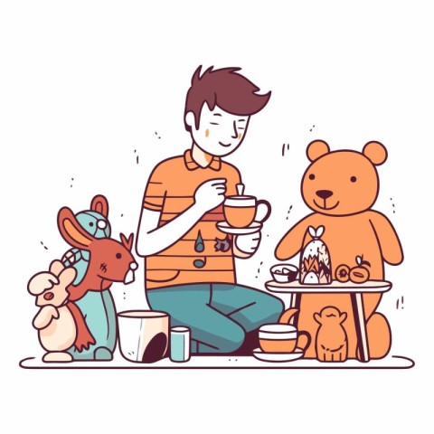 Cute boy drinking tea or coffee with his friends.