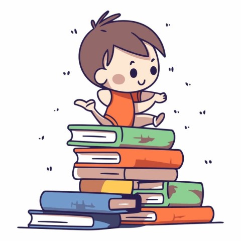 Boy sitting on pile of books in cartoon style.