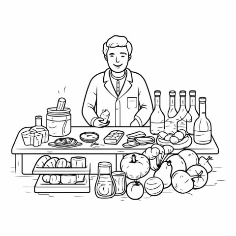 Vector illustration of a man at the table with food and drinks.