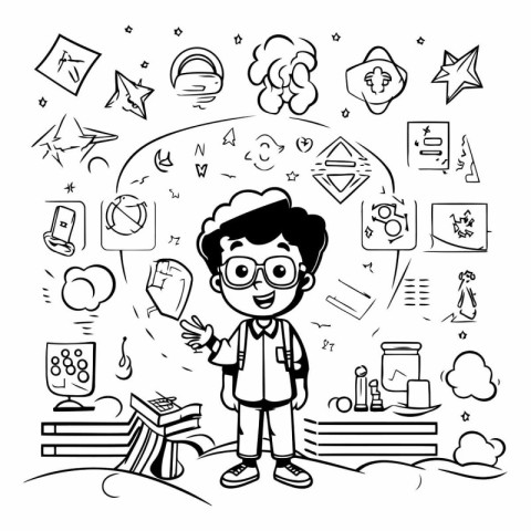 Black and White Cartoon Illustration of a Kid with Education Rel