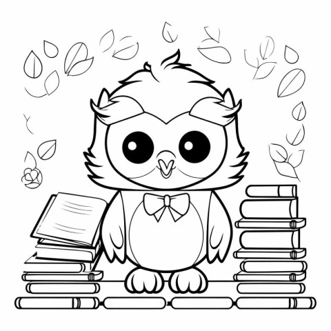 Black and white illustration of a cute owl sitting on a pile of