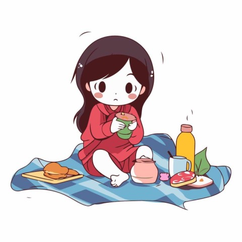 Illustration of a cute little girl having breakfast on a blanket