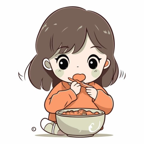 Illustration of a Cute Little Girl Eating a Bowl of Food