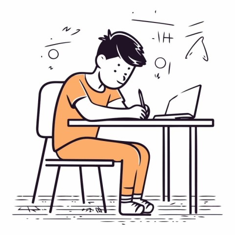 Illustration of a young man studying at home. Vector line art il