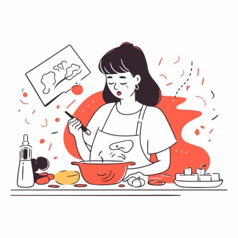 Woman cooking in kitchen in doodle style.