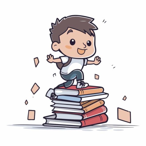 Cute boy standing on pile of books. Vector cartoon illustration.