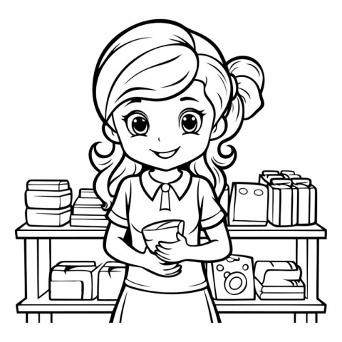 Black and White Cartoon Illustration of School Girl Student Char