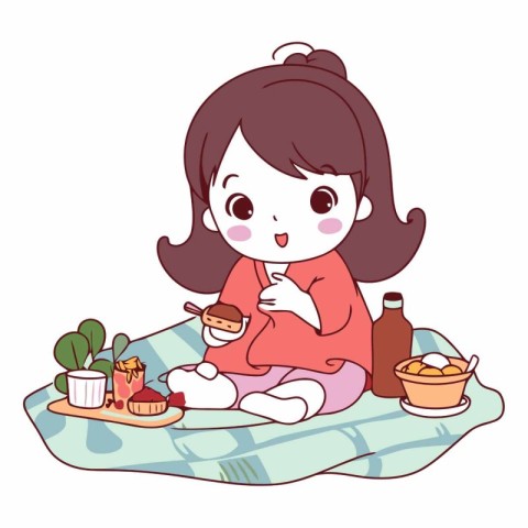 Illustration of a Little Girl Sitting on the Bed and Eating a Ca