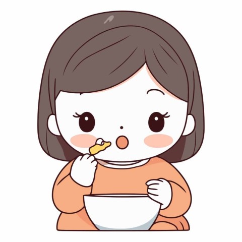 Illustration of a cute little girl eating with a bowl of soup