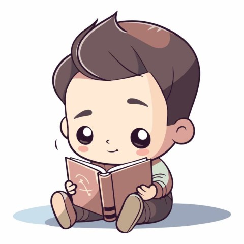 Illustration of a Cute Little Boy Sitting and Reading a Book