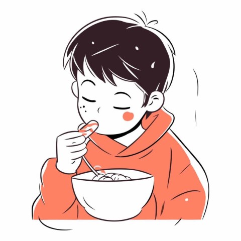 Illustration of a boy who eats a bowl of noodle.