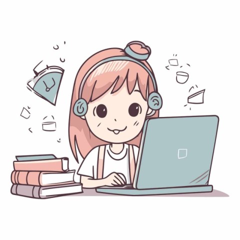 Illustration of a Cute Girl Using a Laptop and Books