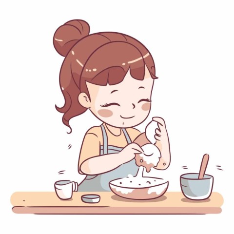 Illustration of a Little Girl Mixing Ingredients in a Bowl While