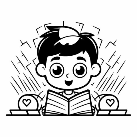 cute little boy reading a book with heart and love vector illust