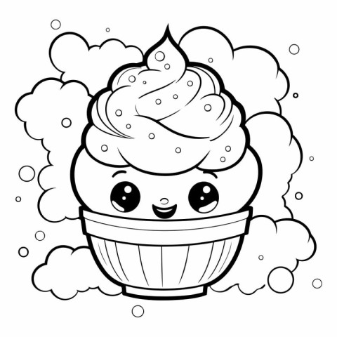 Black and White Cartoon Illustration of Cute Cupcake Mascot Char