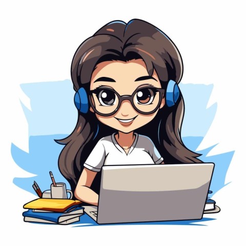 Vector illustration of a girl with glasses and a laptop in her h