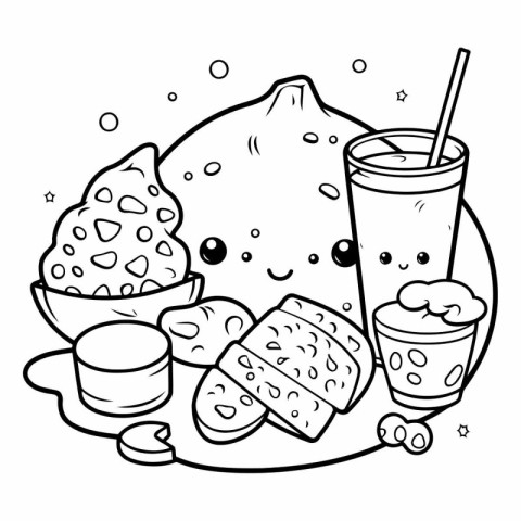 Black and White Cartoon Illustration of Food and Drink for Color