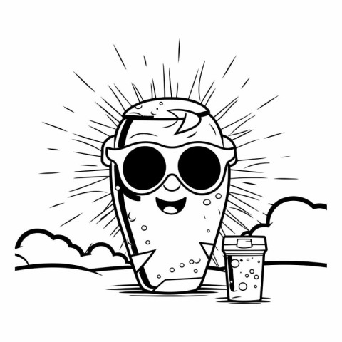 Cute Ice Cream Cartoon Mascot Character With Sunglasses And Soda