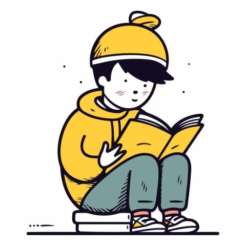 Boy reading a book of a boy in a yellow jacket and a hat.