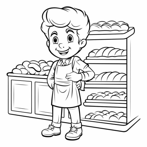 Black and White Cartoon Illustration of Cute Boy Shopping in Bak