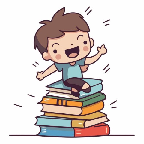 Happy boy sitting on pile of books in cartoon style.