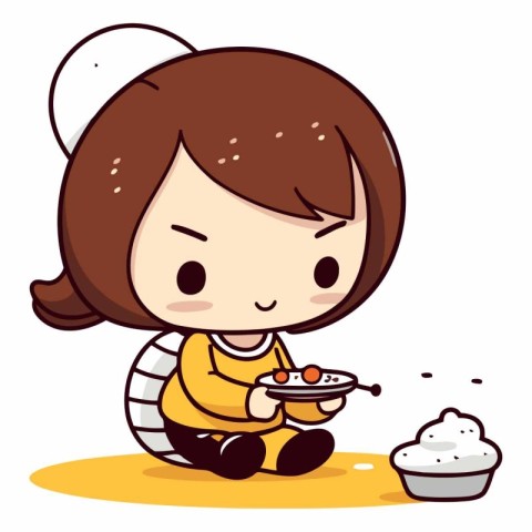 Cute little girl eating rice with spoon. Cartoon vector illustra