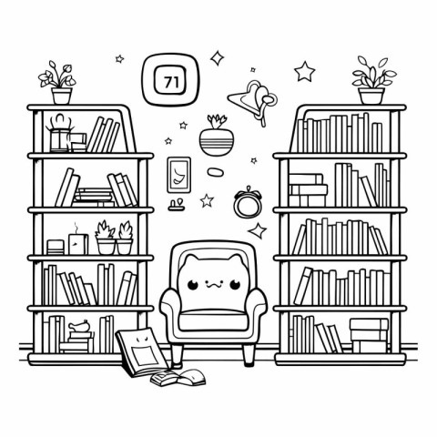 bookshelf with books and chair kawaii character vector illustrat