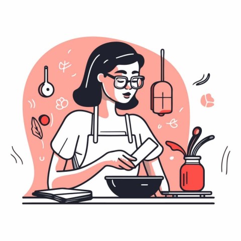 Vector illustration of a woman cooking in the kitchen. Flat styl