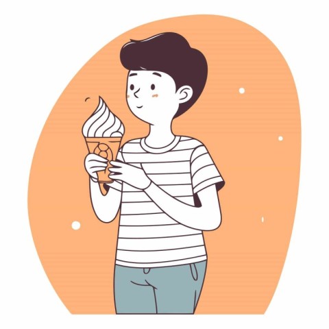 Cute boy eating ice cream in cartoon style.